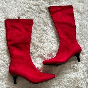 Amelia Grace Red Suede Boots with Pointed Toe and Medium Heel